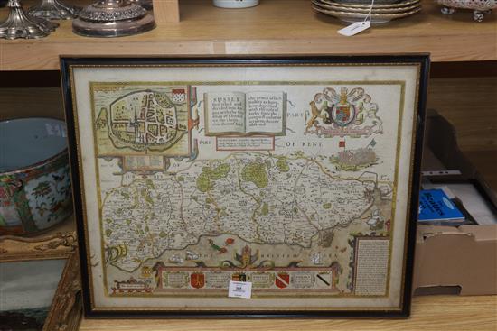 John Speede, coloured engraving, Map of Sussex, Bassett & Chiswell, Fleet Street and St Pauls Churchyard,